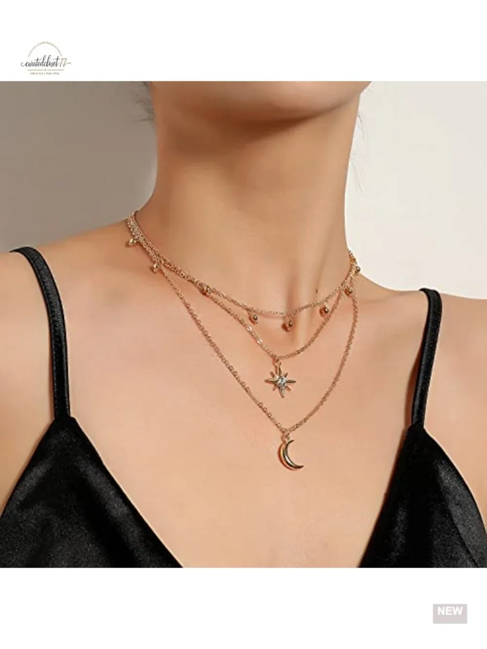 Three Tier Star Moon Charm Choker Necklace Dainty Adjustable Lightweight